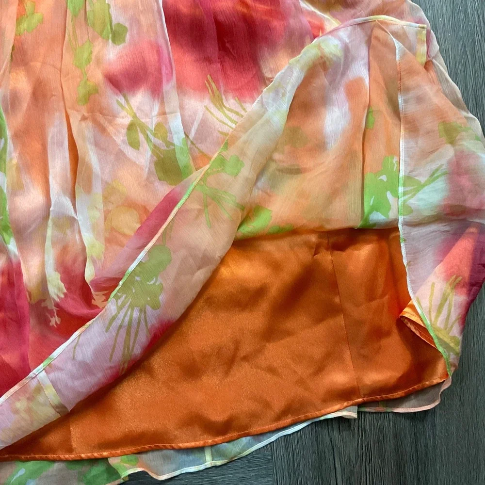 Laundry by Shelli Segal 100% Silk Watercolor Floral Dress Womens 4 Orange Pink - Picture 6 of 12